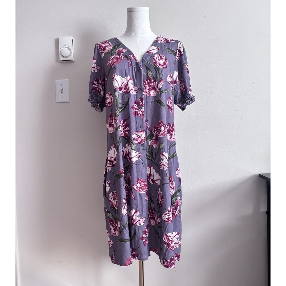 Garnet Hill Floral V Neck Dress Womens Large Purple Stretch Puff Sleeve Summer